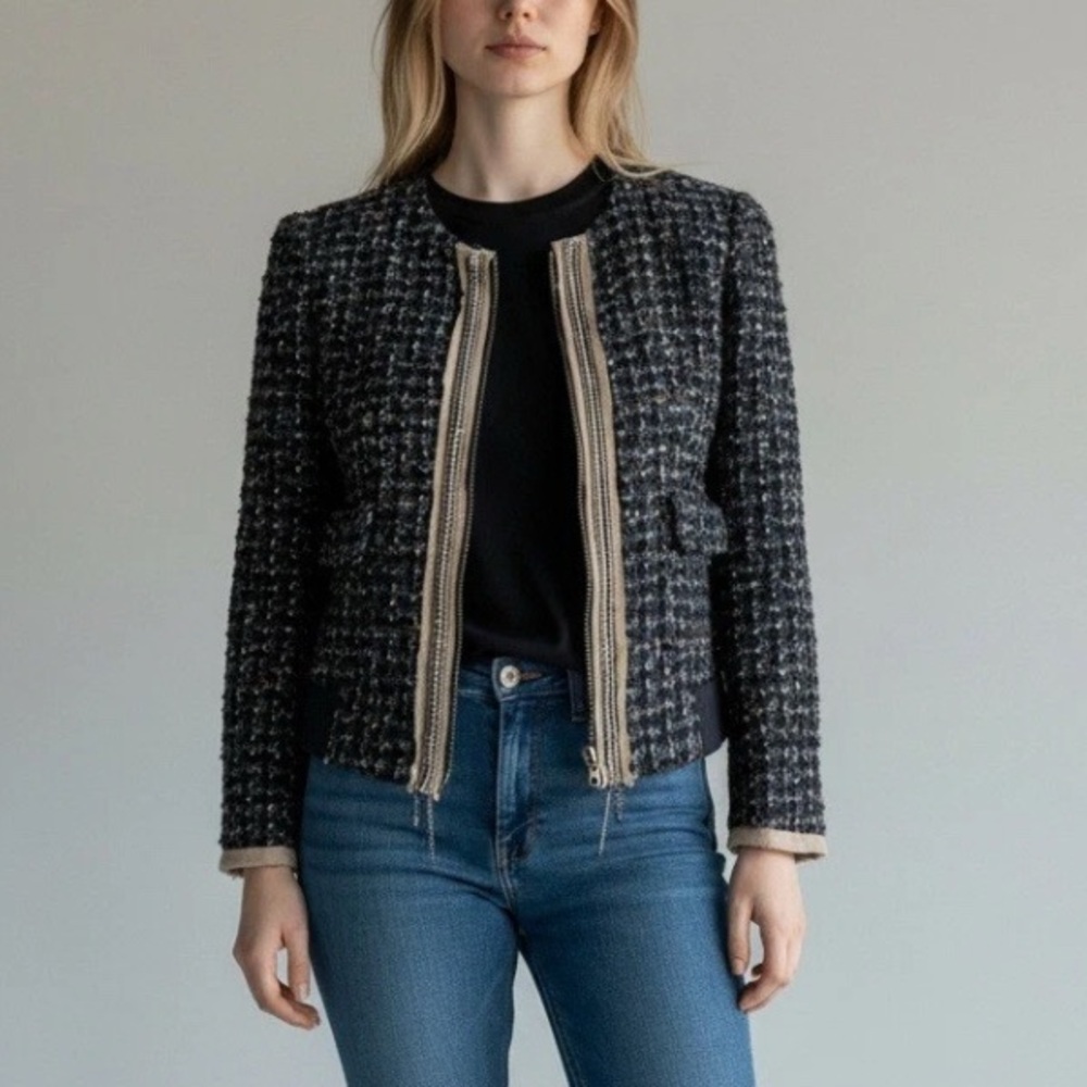 LOFT Tweed Jacket Navy Metallic Cotton Wool Sz M Fall Academia Sophisticated